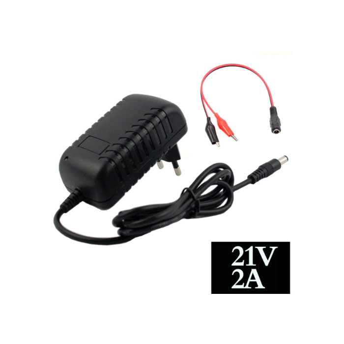 18V (21VDC) Li-ion lader med klyper for lading av f.eks verktøybatterier