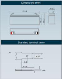 12V 2.3Ah (2,1/2,9Ah) AGM batteri T1 VDS 178x66x35mm-57007