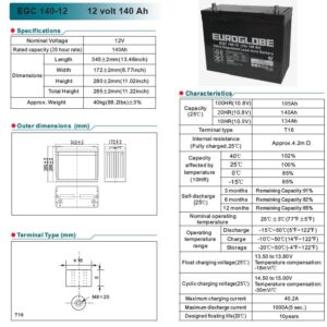 AGM Batteri EGC140-12, 140 Ah 12 volt LBH 345x173x275 , m/poler 295 -111811