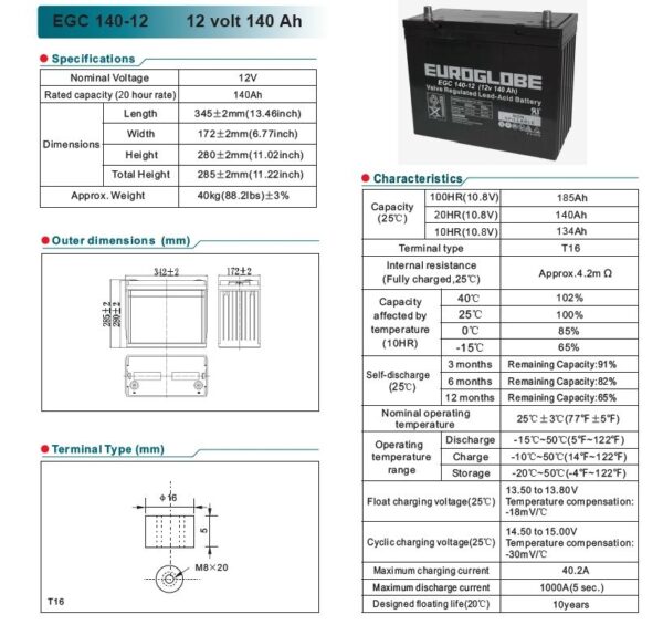 AGM Batteri EGC140-12, 140 Ah 12 volt LBH 345x173x275 , m/poler 295 -111811
