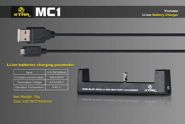 Lader for 1 stk 18650, 21700 batterier Li-ion 18650 Xtar MC1-112666