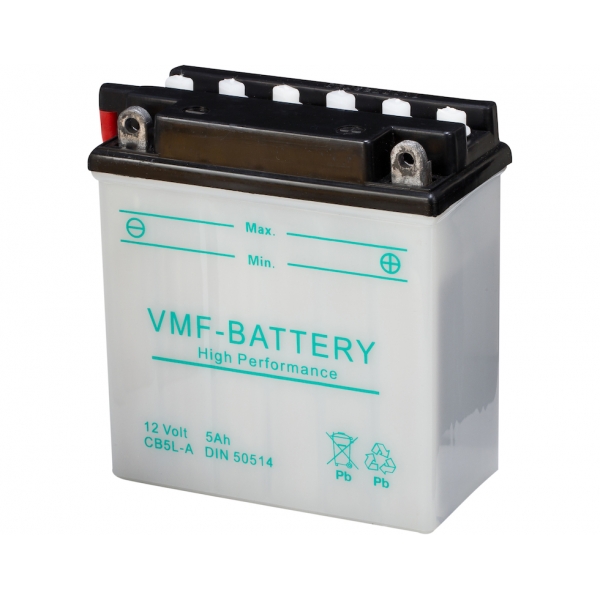 VMF MC Batteri 12V 5AH 50CCA (121x61x131) Polstilling 5 - Plusspol til høyre | YB5L-A-0 VMF MC Batteri 12V 5AH 50CCA (121x61x131) Polstilling 5 - Plusspol til høyre | YB5L-A-0