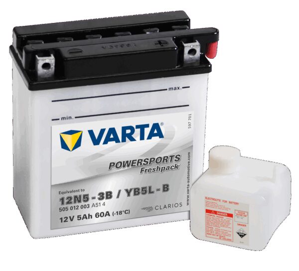 VARTA MC Batteri 12V 5AH 60CCA (121x61x131mm) Polstilling 5 - Plusspol til høyre YB5L-B-0 VARTA MC Batteri 12V 5AH 60CCA (121x61x131mm) Polstilling 5 - Plusspol til høyre YB5L-B-0