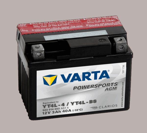 VARTA AGM MC Batteri 12V 3AH 40CCA (114x71x86mm) Polstilling 5 - Plusspol til høyre YTX4L-BS-0 VARTA AGM MC Batteri 12V 3AH 40CCA (114x71x86mm) Polstilling 5 - Plusspol til høyre YTX4L-BS-0
