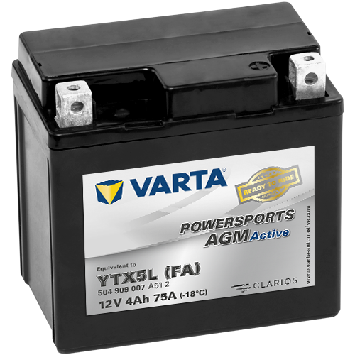 VARTA AGM MC Batteri 12V 4AH 75CCA (113x70x105mm) Polstilling 5 - Plusspol til høyre YTX5L (FA)-0 VARTA AGM MC Batteri 12V 4AH 75CCA (113x70x105mm) Polstilling 5 - Plusspol til høyre YTX5L (FA)-0