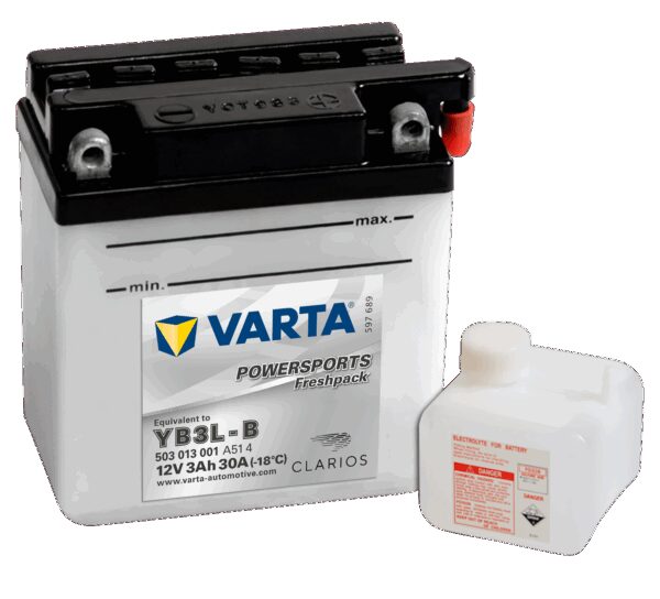 VARTA MC Batteri 12V 3AH 30CCA (100x58x112mm) Polstilling 5 - Plusspol til høyre YB3L-B-0 VARTA MC Batteri 12V 3AH 30CCA (100x58x112mm) Polstilling 5 - Plusspol til høyre YB3L-B-0