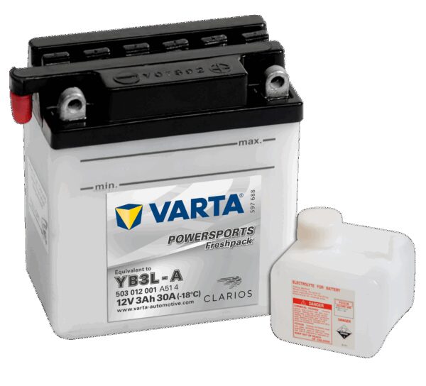 VARTA MC Batteri 12V 3AH 30CCA (100x58x112mm) Polstilling 5 - Plusspol til høyre YB3L-A-0 VARTA MC Batteri 12V 3AH 30CCA (100x58x112mm) Polstilling 5 - Plusspol til høyre YB3L-A-0