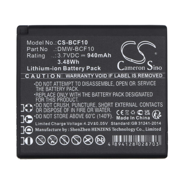 Replacement Battery for Panasonic DMW-BCF10,CGA-S009,CGA-S009E, CGA-S106C, Lithium-ion 940mAh-115967