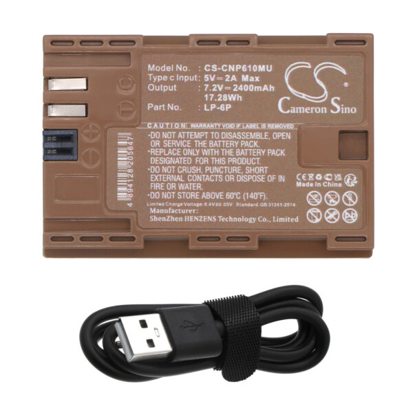 Replaces battery for Canon LP-6P, EOS R5 Mark II mirrorless camera, 2400mAh with USB C-114915