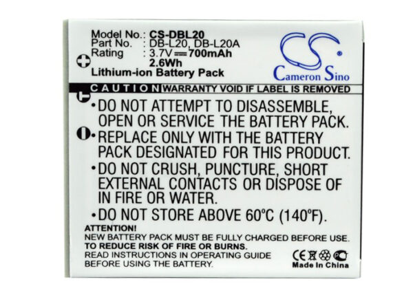 700mAh for Sanyo Xacti VPC-E60,Xacti DMX-C5(W),Xacti DMX-CA8,Xacti DMX-C4(N),Xacti VPC-J4EX,Xacti DMX-C6(R),Xacti DMX-CG65-S,Xacti VPC-E6 EX,Xacti DMX-CG6-P,Xacti VPC-C5-115641