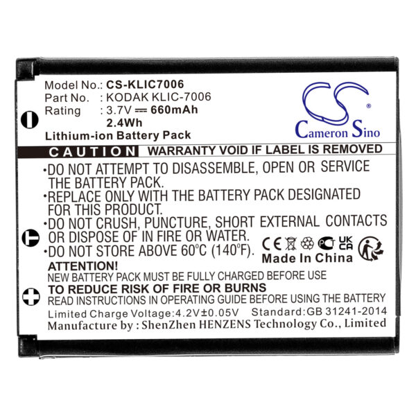 660mAh for Kodak Easyshare M883 Zoom,Easyshare M873 Zoom,Easyshare M530,Easyshare M550,Easyshare M580,Easyshare M575,Friendly Zoom FZ51,Friendly Zoom FZ52,Friendly Zoom FZ53,EasyShare M215-115651