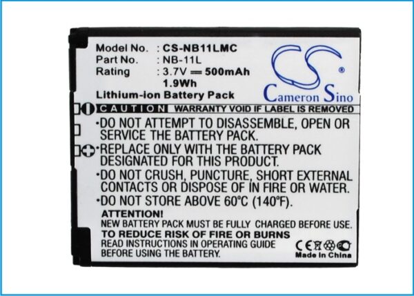 500mAh for Canon IXUS 125HS,IXUS 240HS,PowerShot A2300,PowerShot A2400 IS,PowerShot A3200 IS,PowerShot A3300 IS,PowerShot A3400 IS,PowerShot A4000,PowerShot A2400,PowerShot A3200-115281