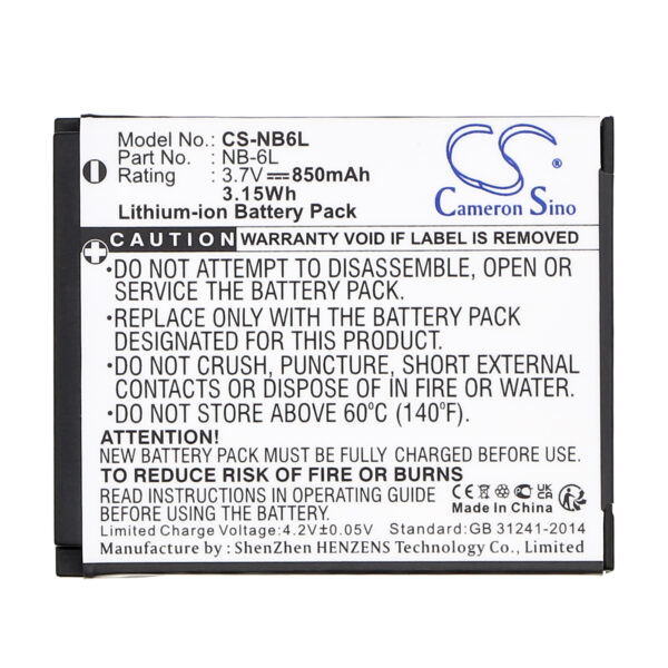 850mAh for Canon Digital IXUS 200 IS,Digital IXUS 95 IS,IXUS 105,IXUS 210,IXUS 85 IS,IXY 110 IS,IXY DIGITAL 25 IS,PowerShot D10,PowerShot S90,PowerShot SD1200 IS-115986