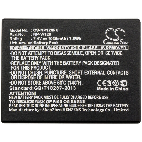 Replaces battery for Fujifilm NP-W126, NP-W126S, 1020mAh-115284