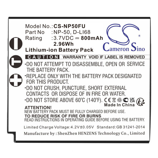 800mAh for Fujifilm FinePix F60fd,FinePix F100fd,FinePix F50fd,FinePix F200EXR,FinePix F70EXR,FinePix F75EXR,FinePix XP100,FinePix X20,FinePix X10,FinePix XF1-115758